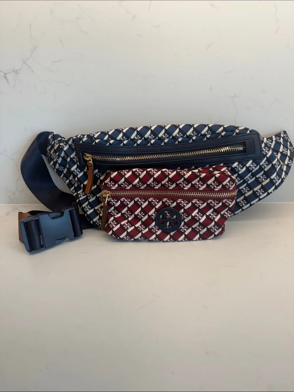 Tory Burch Convertible Crossbody Nylon Belt Bag - Dark Red & Navy Blue